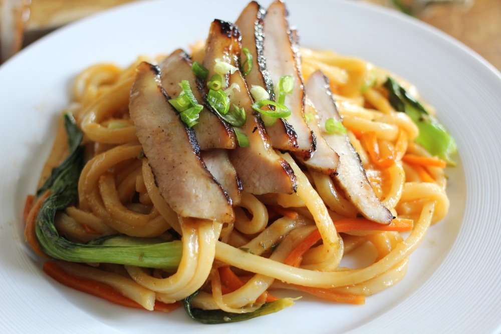 Barbecued Char Siu with Spicy Udon Noodles featuring Liberterre Pork Jowls www.juliemiguel.com