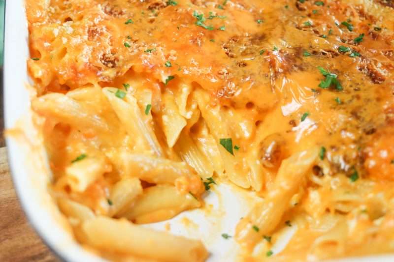 fast feta cheddar and sweet potato mac and cheese